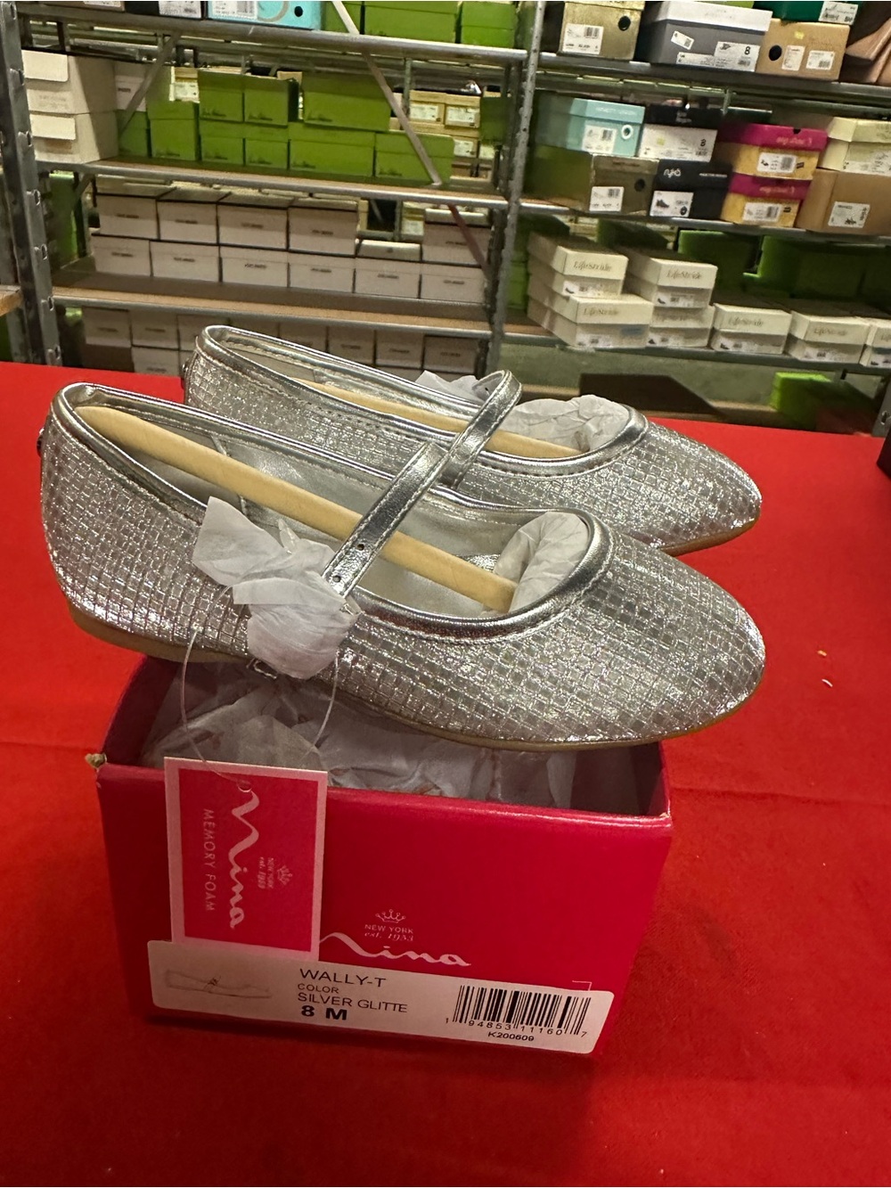 Nina Wally-T Silver Glitter Mary Jane Flats Girls 8M NIB